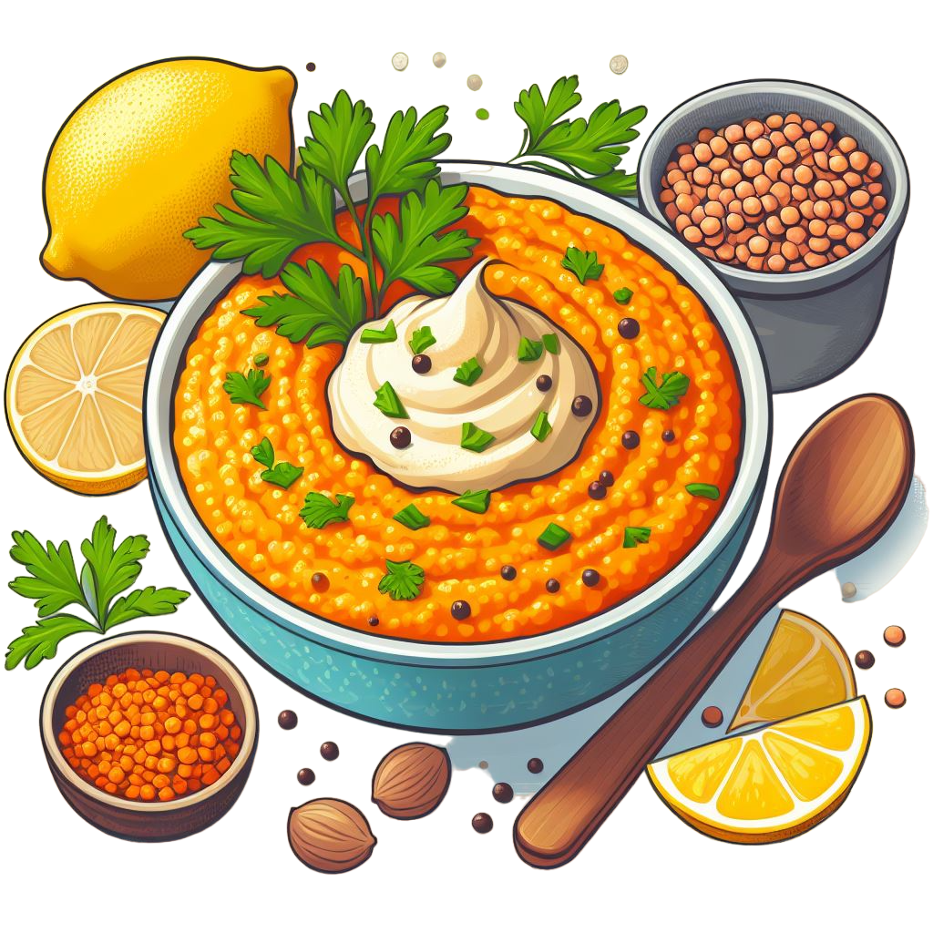 mashed orange lentil soup with sour cream and parsley and lemon colorful icon with white background