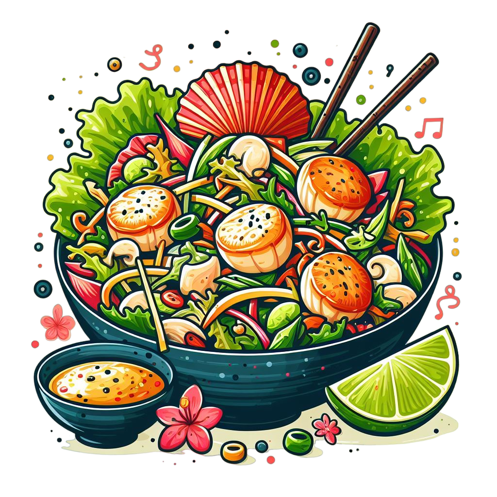 asian salad with scallop and funchosa colorful icon with white background