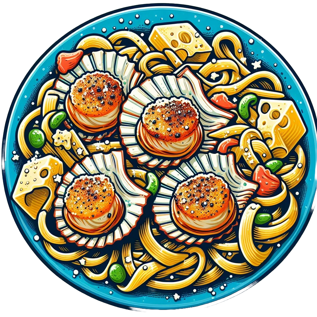 pasta filled with cream sause covered with parmesan cheese and grilled scallop colorful icon with white background