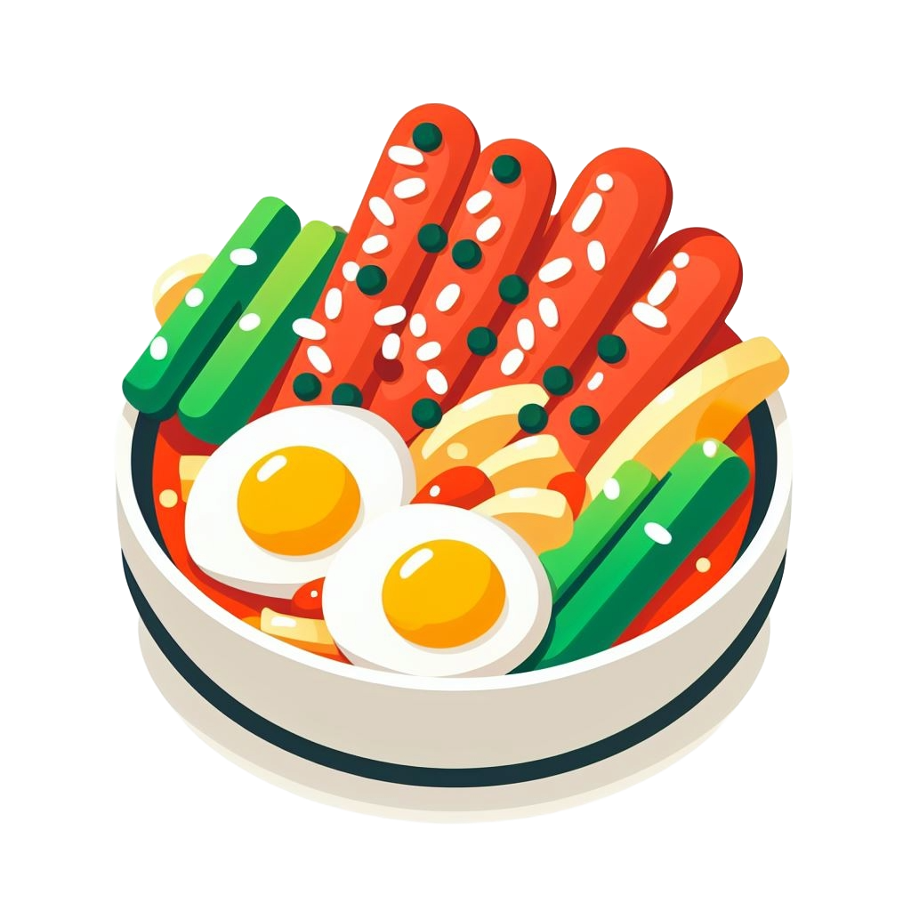 Tteok-bokki with sausages eggs green onion sesame and spicy sause colorful icon with white background