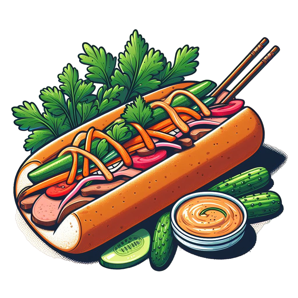 vietnemese sandwich with liver pate, sause, cilantro and pickled carrot and cucumber colorful icon with white background